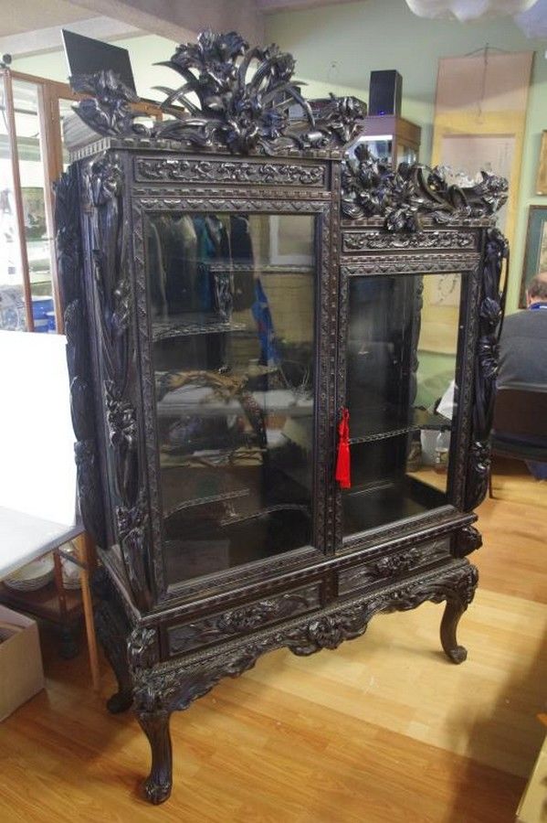 Ornate Oriental Display with Graduated Shelves and Drawers