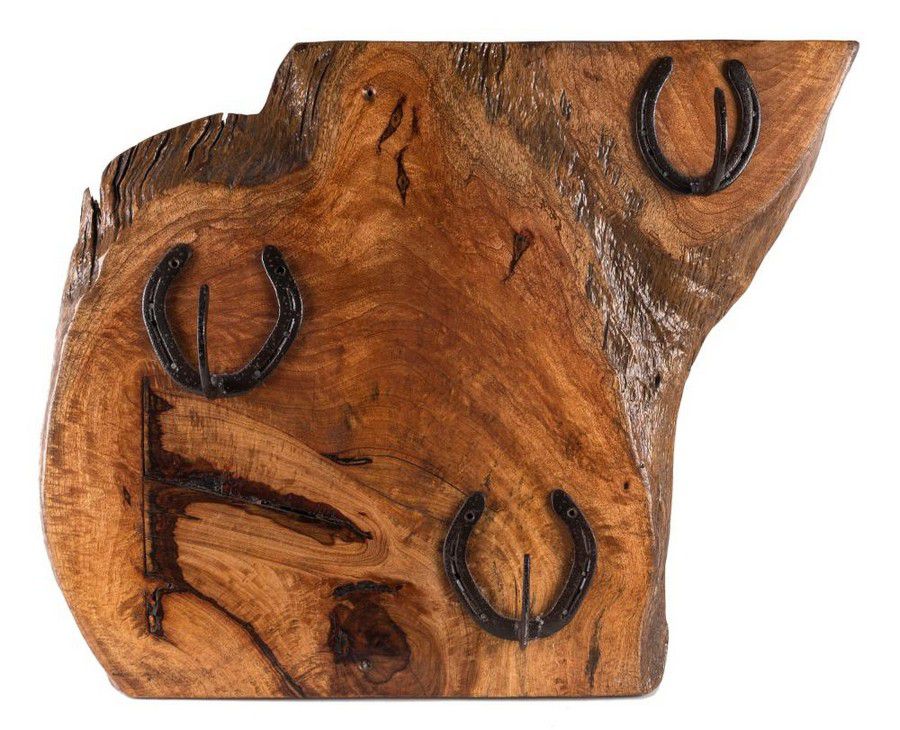 Horseshoe Coat Rack on Burl Timber Slab Hall, Umbrella & Stick Stands