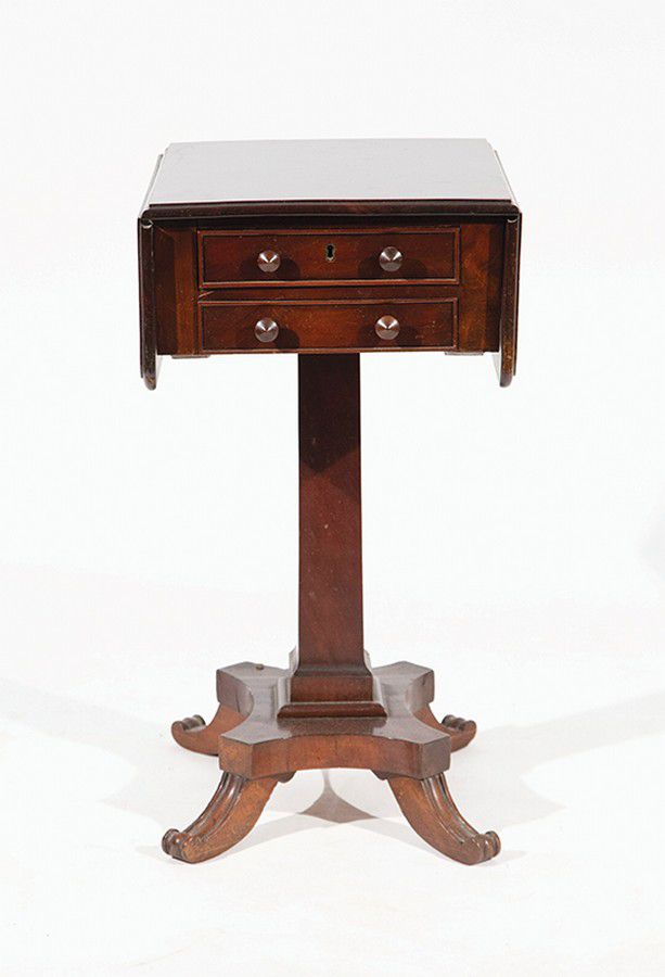 Regency mahogany drop leaf sewing table, on square tapering… Tables