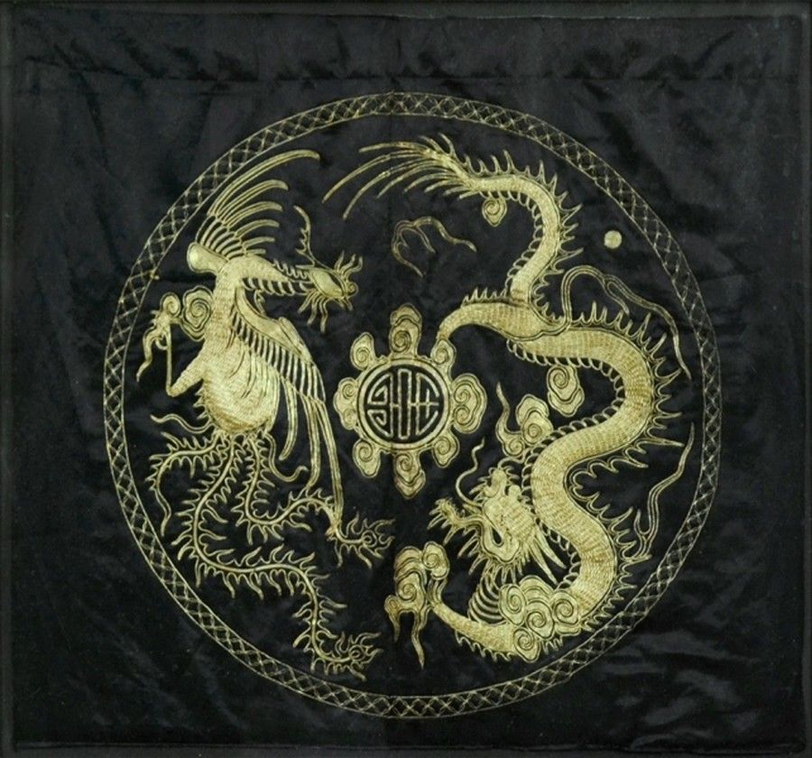 Chinese silver embroidered flag/pennant. Embroidery on black