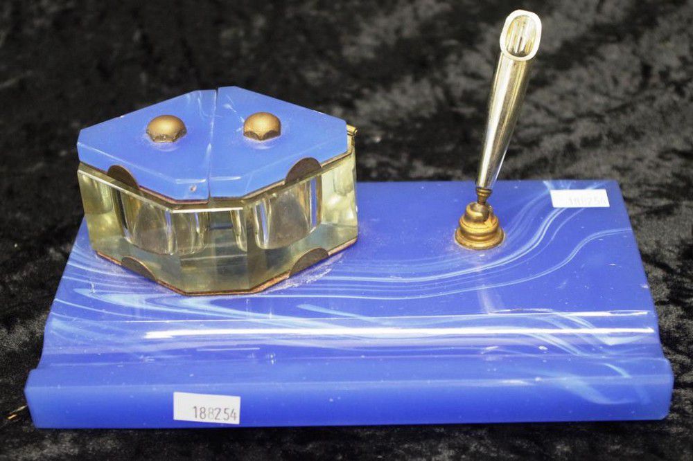 Blue Art Deco Inkwell Stand with Pen Holder Writing Inkwells