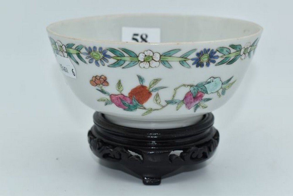 Qing Dynasty Fruit and Flower Porcelain Bowl with Carved Base