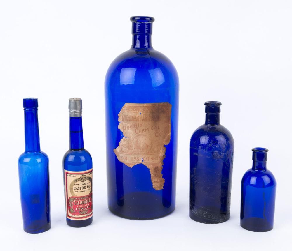 Antique Bristol Blue Glass Bottles Set British Victorian Glass