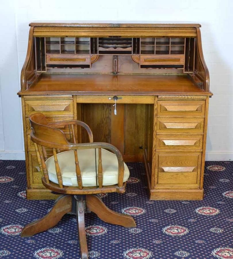 Cutler Oak RollTop Desk and Chair Desks Cutler, Roll Top and Tambour Top Furniture