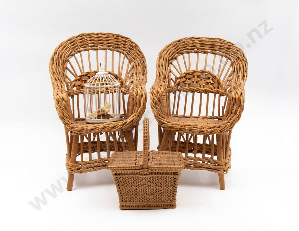 Cane Dolls Chair, Picnic Basket & Bird Cage Set Furniture Dolls