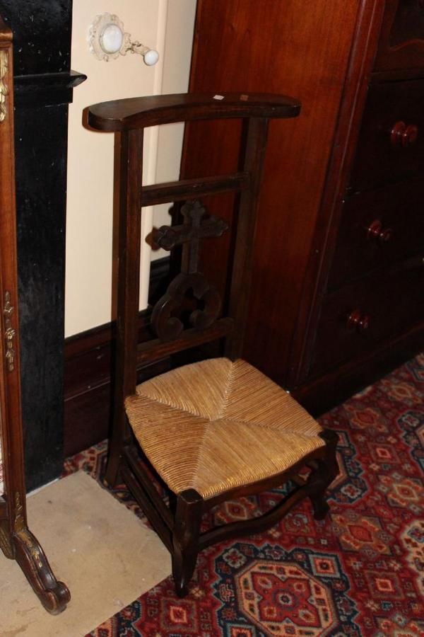 Antique French provincial prayer chair, in fruit wood and rush… Seating Singles/Pairs/Threes
