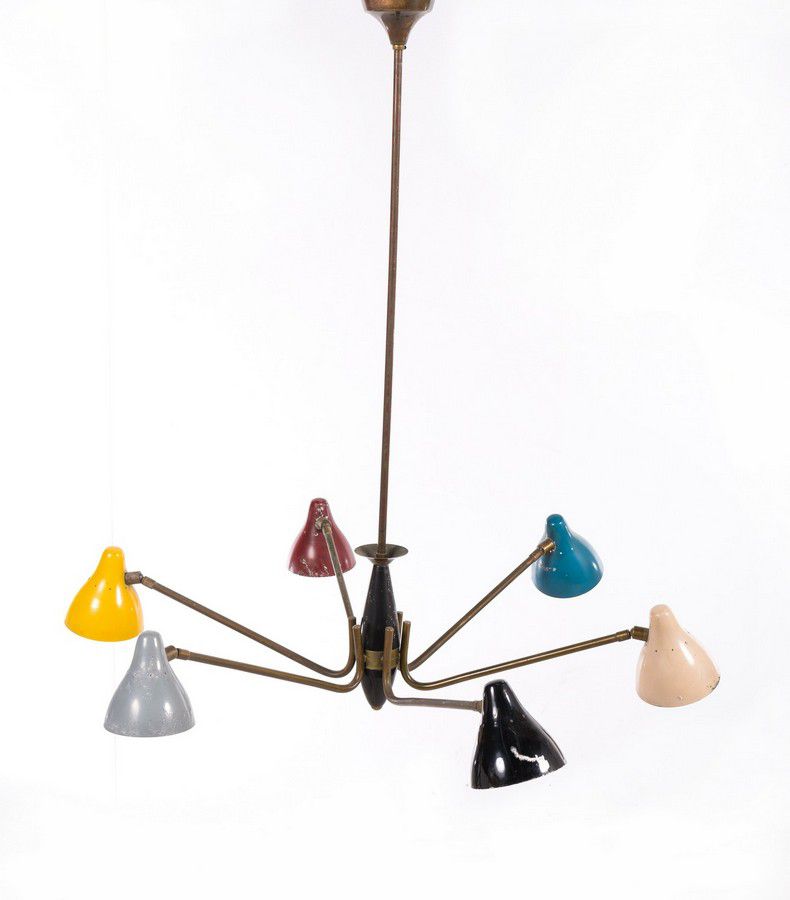 Italian Six Branch Spun Metal Ceiling Light, 1950s Zother Lighting