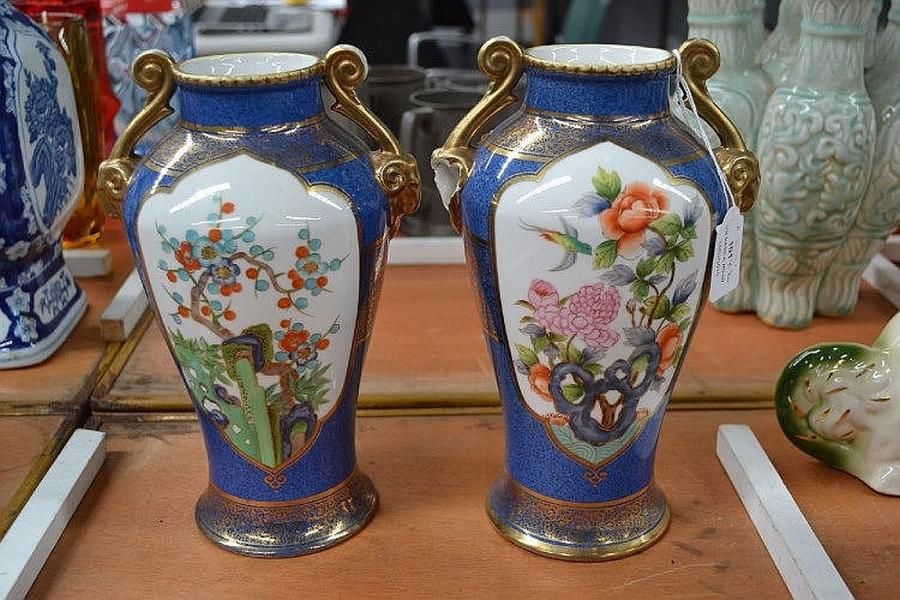 Noritake twin handled vases with floral and bird decoration Ceramics