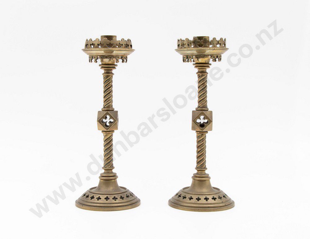 Gothic Brass Candlesticks with Spiral Columns (8 words) Candelabra