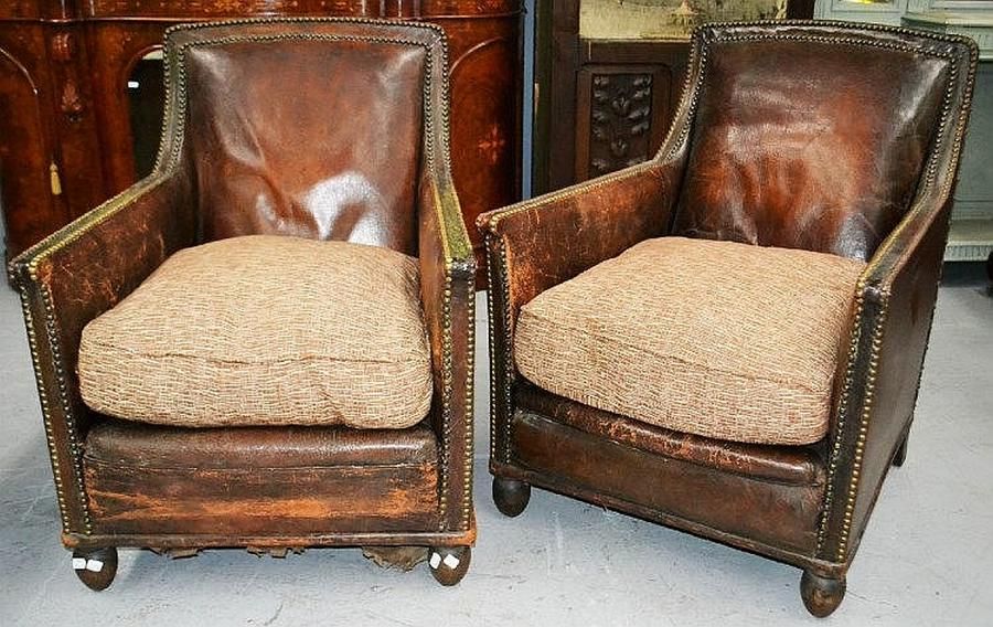 French Art Deco Leather Armchairs with Studs (2) Seating Singles