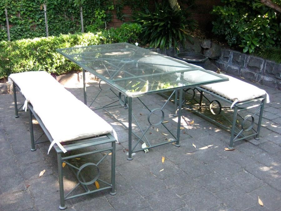 Green Metal and Glass Garden Table Set Decorative Garden Furniture