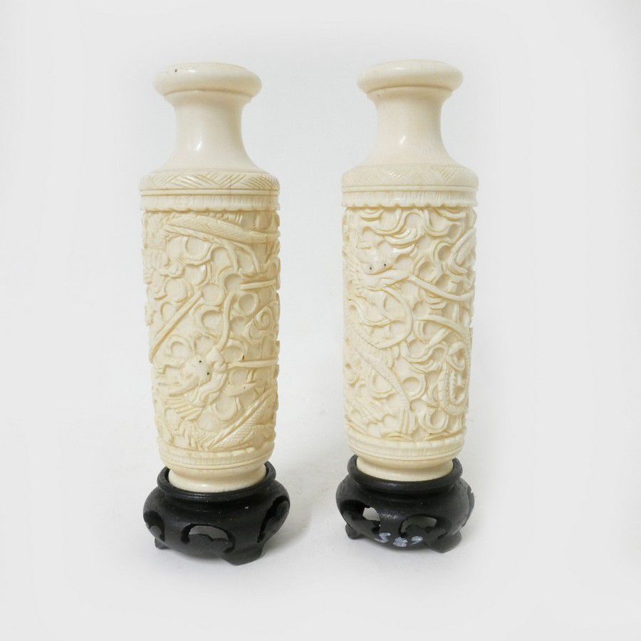Dragon Carved Ivory Vases with Wood Bases Ivory Oriental