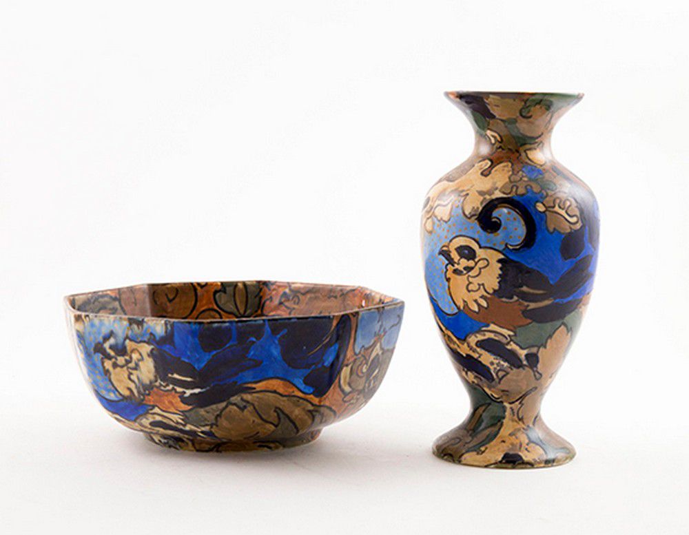 Art Deco Fruit Bowl and Vase by Frederick Rhead Zother 20th Century