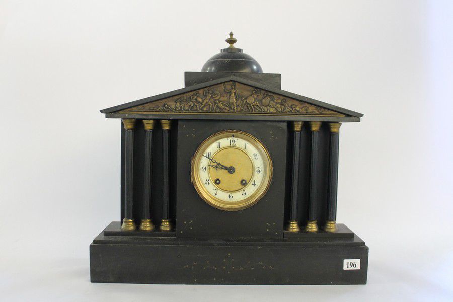 Edwardian Slate Mantel Clock with Grecian Brass Scene Clocks Marble