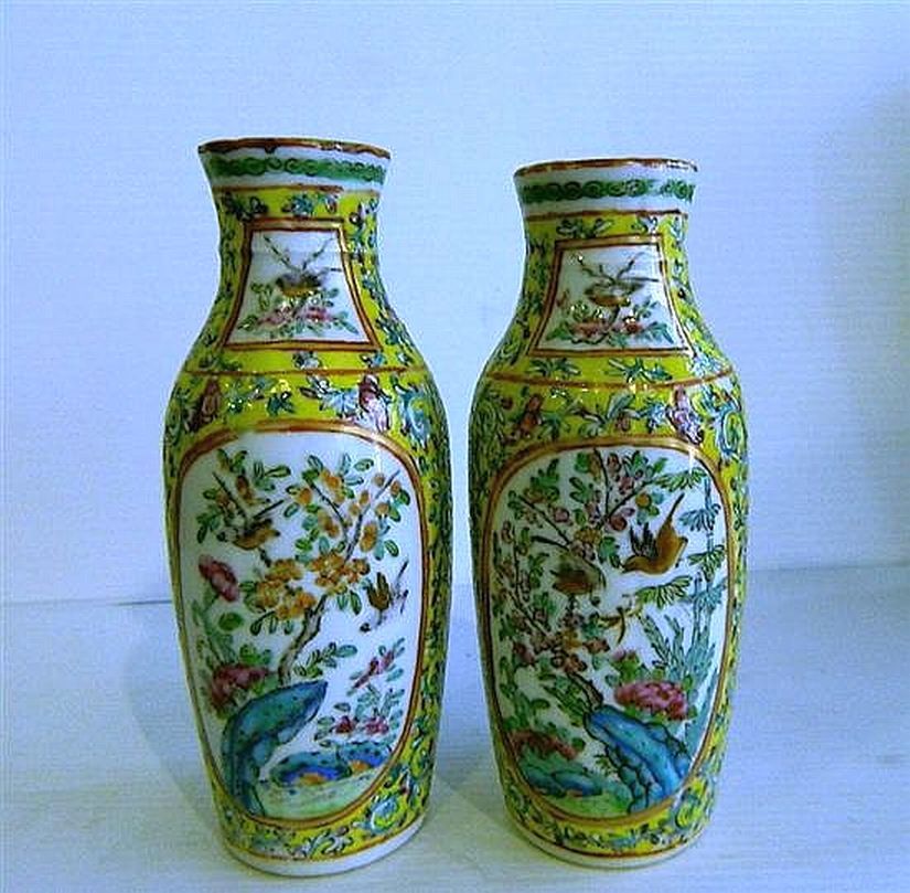 Famille Rose Yellow Ground Chinese Porcelain Vases Ceramics Chinese