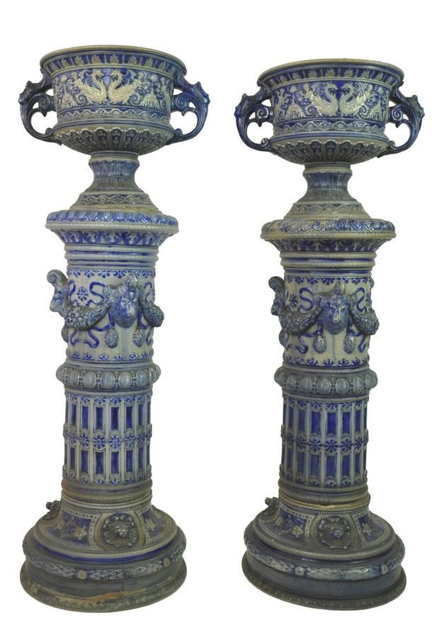 19th Century German Rhenish Pottery Jardinieres on Pedestals Zother