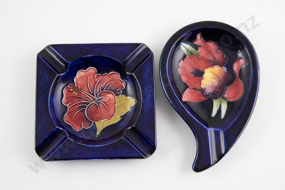 Moorcroft Ashtrays Slipper Orchid & Hibiscus Patterns Moorcroft