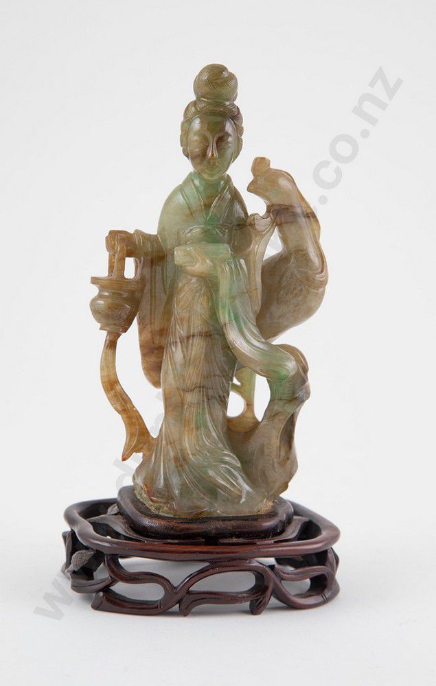 Carved Jade Lady and Phoenix Figure with Stand Jade Oriental