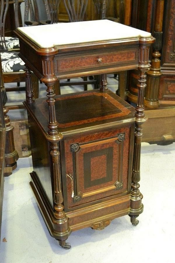 Antique French inlaid marble topped nightstand Bedside