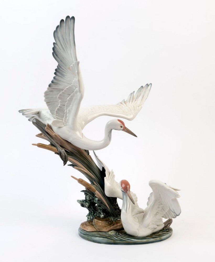 Lladro Porcelain Crane Group, 48cm Height Lladro and Nao Ceramics