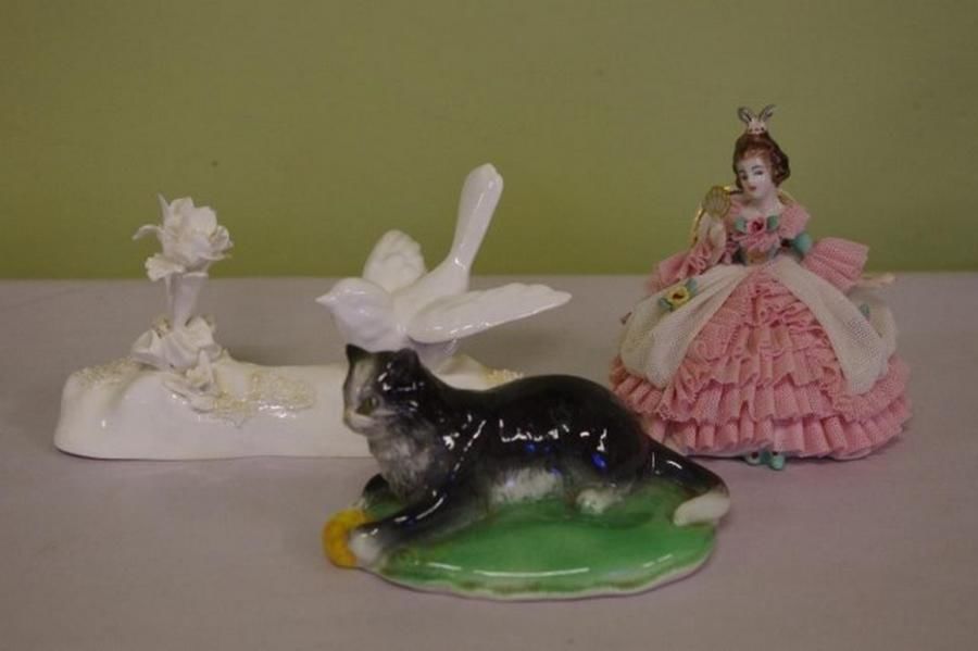 European Porcelain Figurines Bird, Cat, Lady Crown Staffordshire