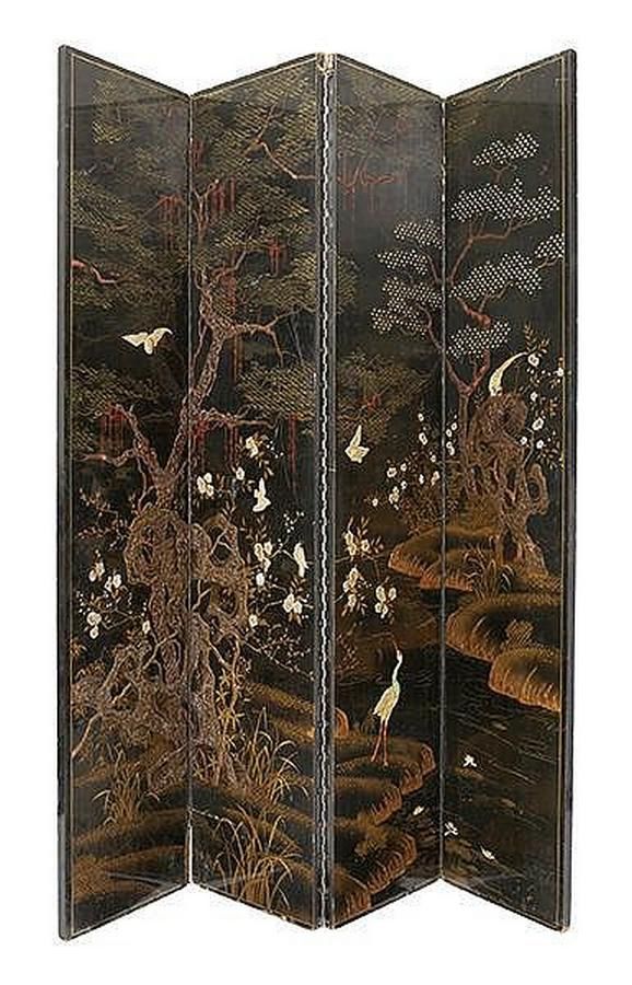 Japanese Lacquered Screen with Willow, Plovers, and Bamboo Furniture
