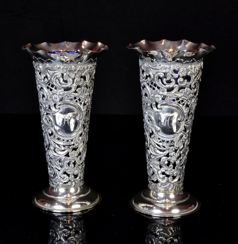 Victorian Silver Vases with Cobalt Glass Liners Vases Silver
