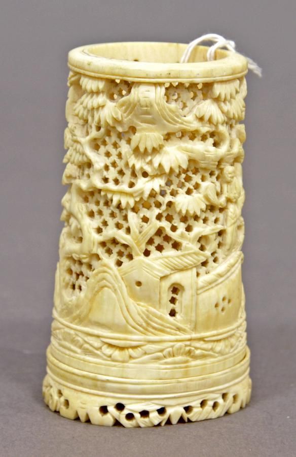 Chinese Ivory Tusk Carving with Figures in Landscape Ivory Oriental