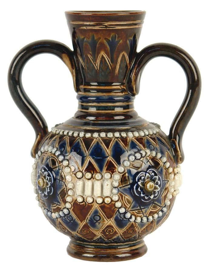 Geometric Doulton Lambeth Stoneware Vase with Beadwork Royal Doulton