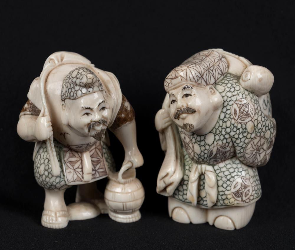 Japanese Ivory Statues with Hand Coloured Finishes Ivory Oriental