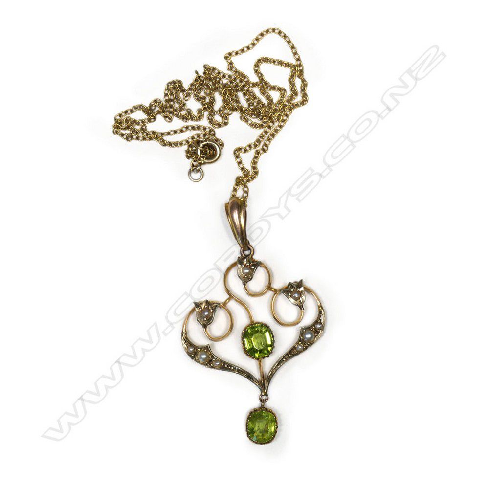 Peridot and Seed Pearl Pendant on Chain Pendants/Lockets Jewellery