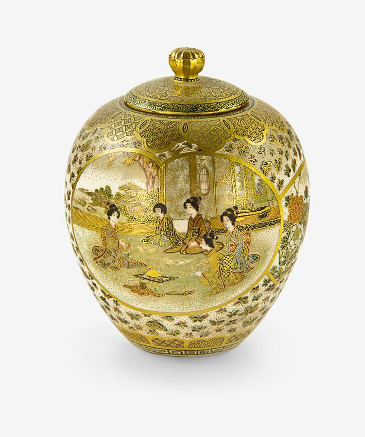 Meiji Satsuma Jar with Butterfly and Figural Design Ceramics