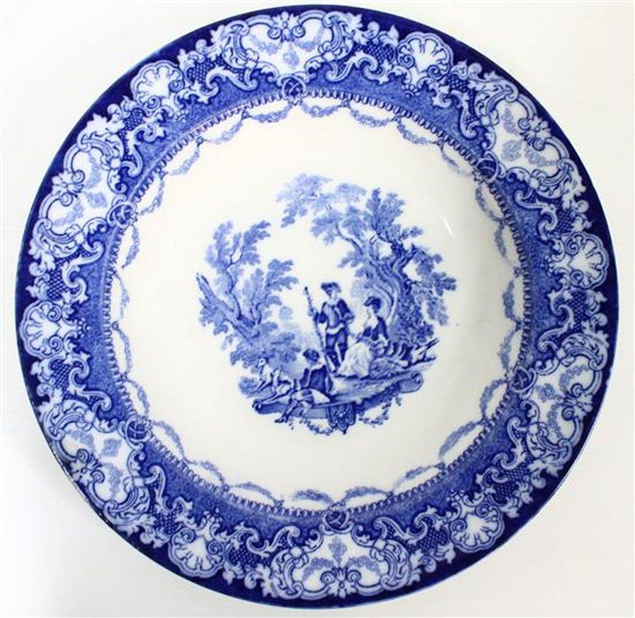 Blue & White Doulton Watteau Dish with Family Scene Royal Doulton