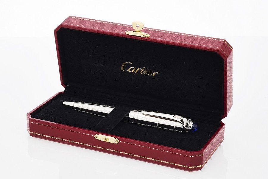 Cartier Palladium Roadster Ballpoint Pen with Blue Cabochon Writing