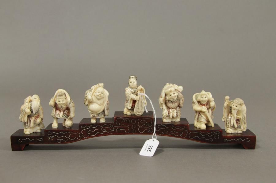 Intricate Ivory Netsuke Figures of Seven Gods of Fortune Netsuke