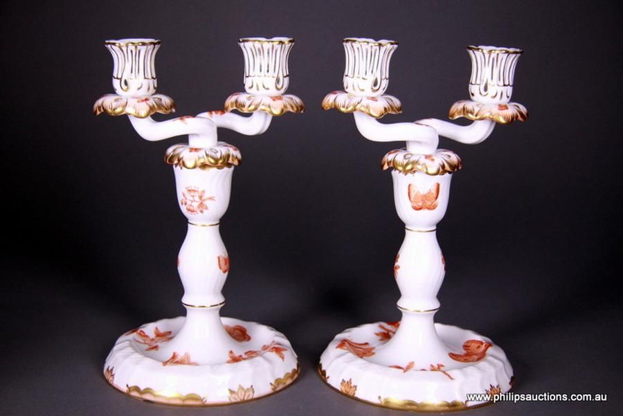 Herend Porcelain Candlesticks in 'Fortuna' Pattern Zother 20th