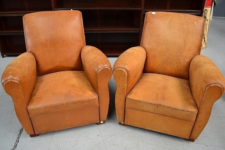 Pair of French leather armchairs, approx. height 85 cm, width