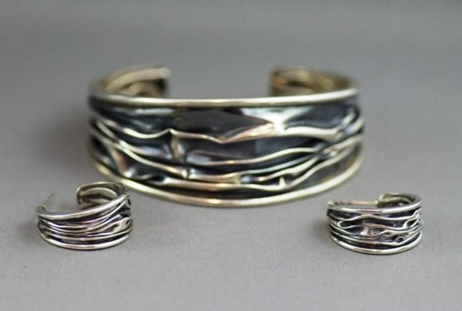 925 Sterling Silver Cuff and Earrings Set Handmade Earrings Jewellery