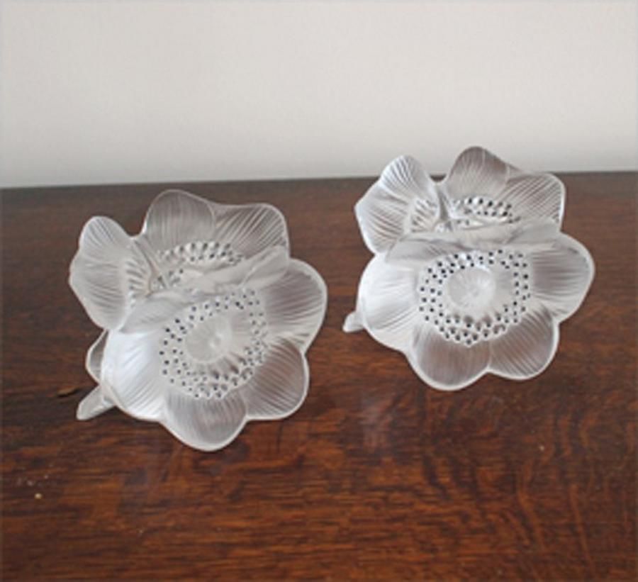 Opalescent Lalique Anemone Candle Holders, 9cm French Glass