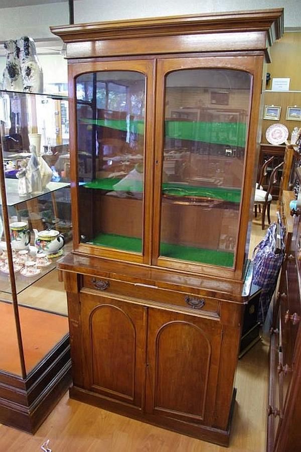 Mahogany Glass Front Bookcase with Drawer and Doors Bookcases Furniture