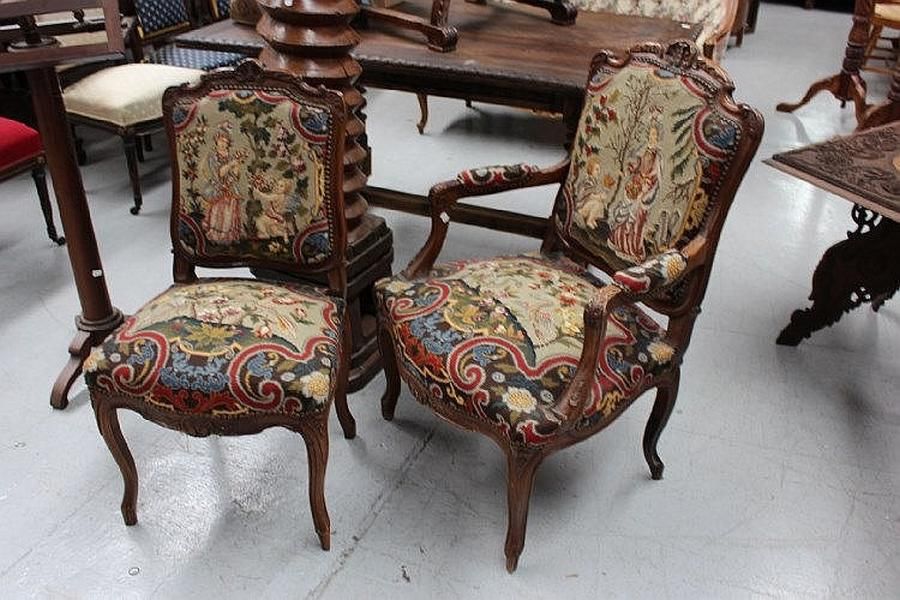 French Walnut Chairs with Needlework Upholstery (2) Embroidery