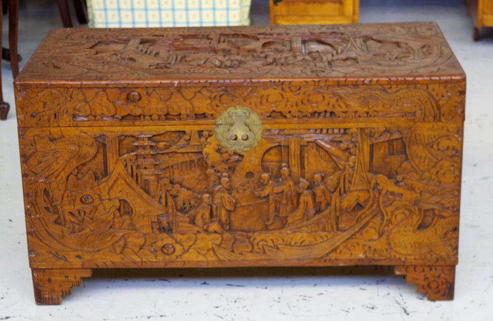 Chinese Camphor Wood Carved Trunk 104cm Wide Furniture Oriental