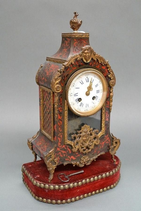 Louis XV Boulle Clock on Red Velvet Stand Clocks Mantle and Shelf
