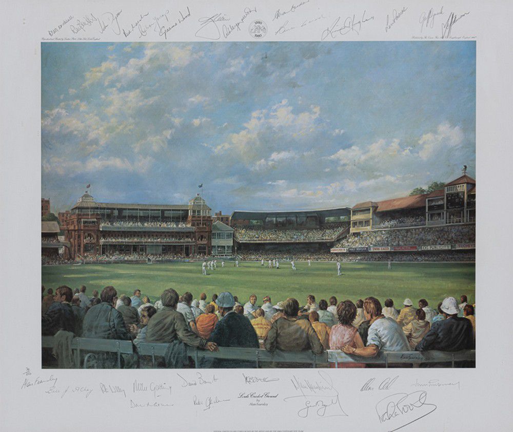 Signed Lords Cricket Ground Print with Centenary Test Teams Sporting Cricket Memorabilia