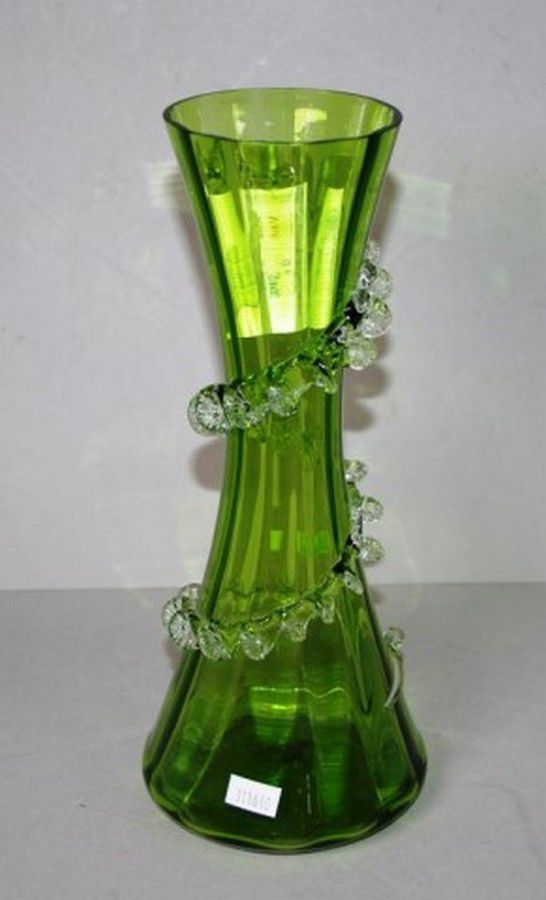 Green Glass Vase with Clear Applique Decoration British Victorian