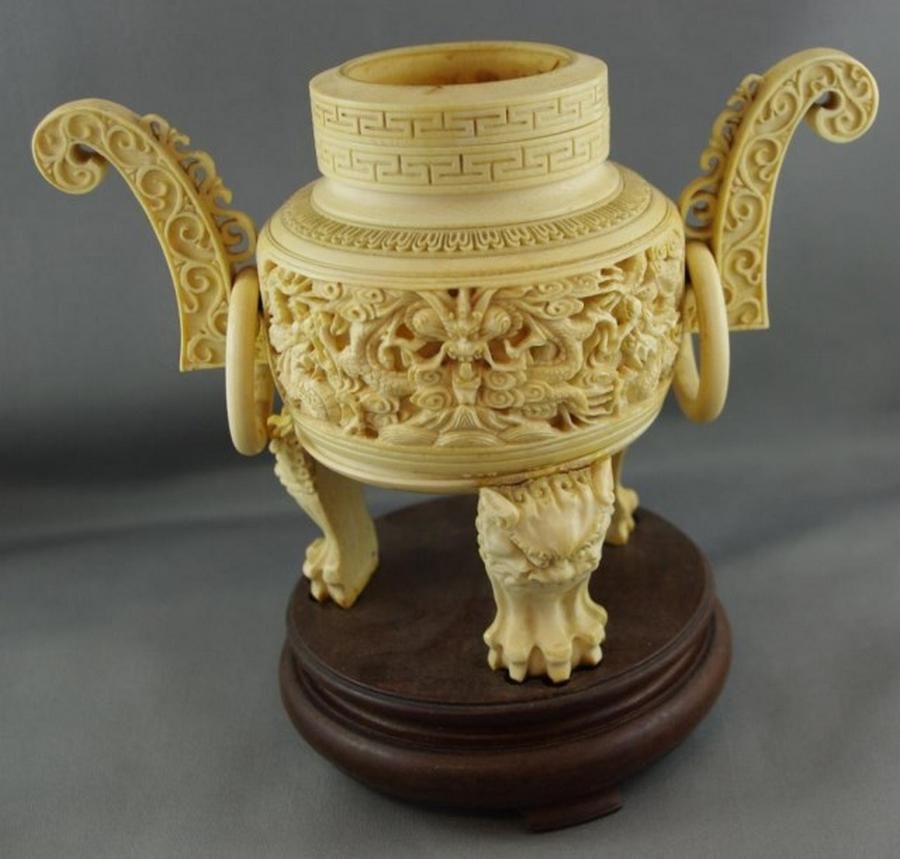 Dragon Carved Ivory Incense Burner Qing Period Zother Oriental