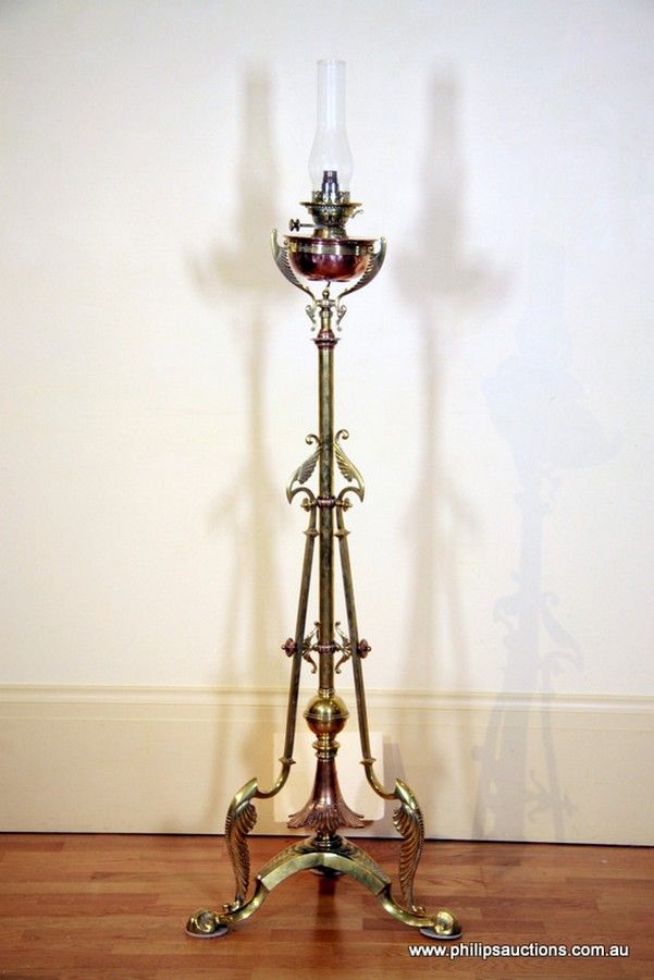 A striking Art Nouveau brass and copper standard lamp, circa… Lamps