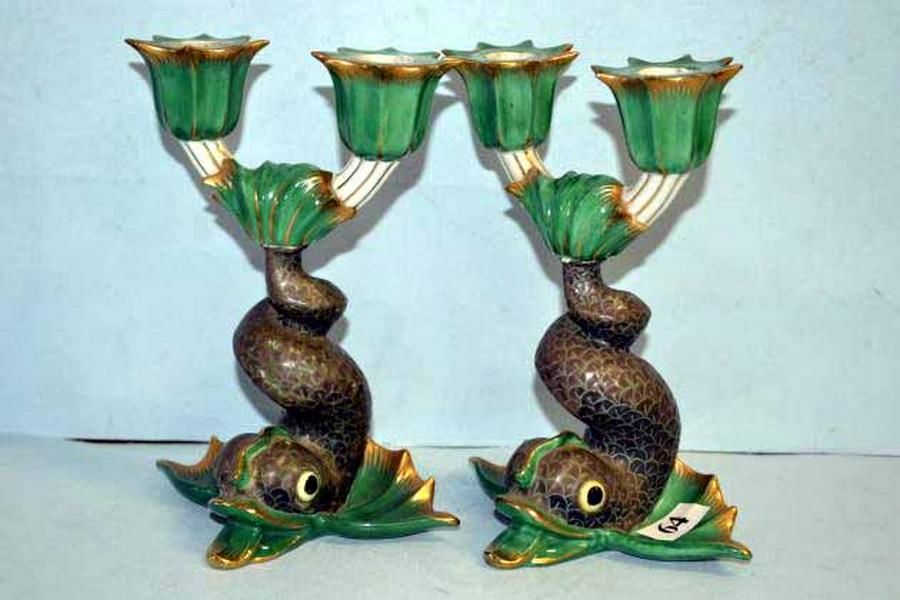 Herend Dolphin Candlesticks Zother 20th Century European Ceramics