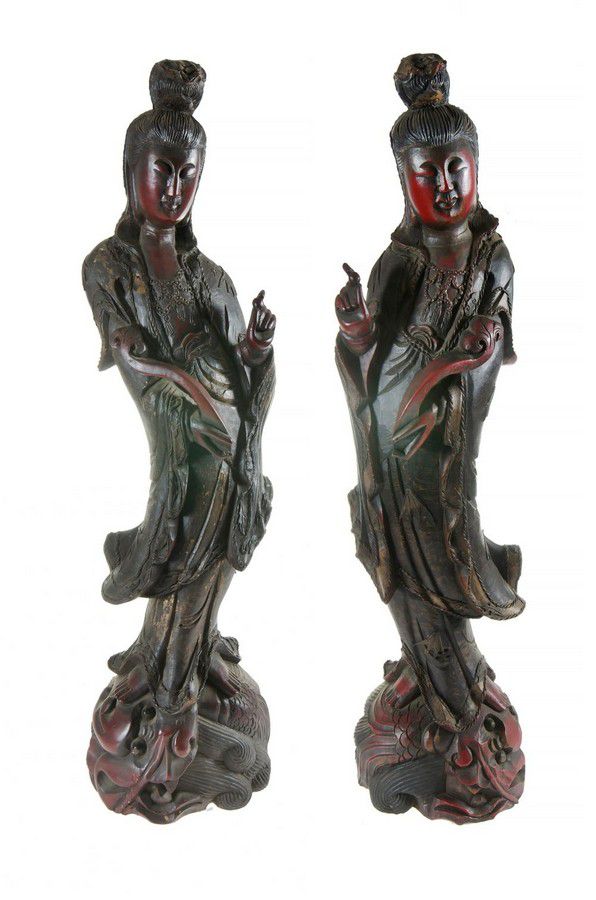 Carved & Stained Guanyin Figures, Height 91cm Zother Oriental