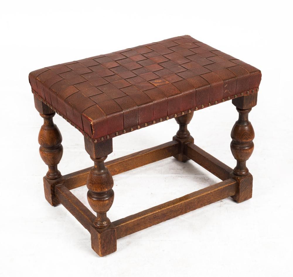 English Oak Elizabethan Style Stool with Leather Top Seating Stools